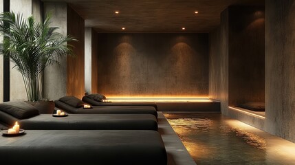 Calm and serene spa room with comfortable black lounge beds, soft warm lighting, candles, a soothing water feature, and a large green potted plant creating a relaxing atmosphere