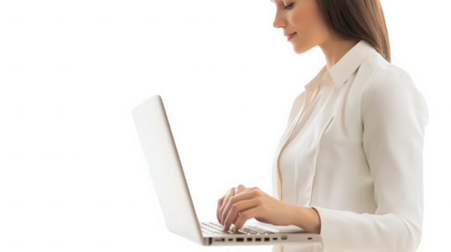 Woman in white blazer typing on a laptop against in a side view perspective on transparent background