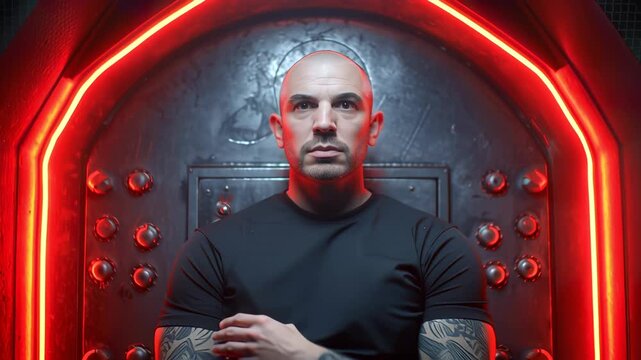 A massive Eastern European male bouncer with tattoos guards a steel door illuminated by red lights. He stands confidently in a tight black shirt, ensuring security at the nightclub