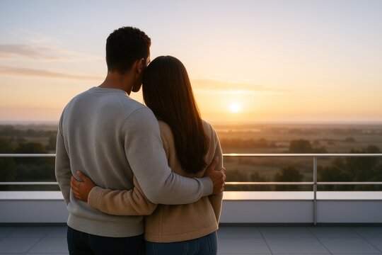 Couple embracing and watching peaceful sunset on rooftop terrace with scenic countryside background and warm natural light. Ai generative. Ai generative