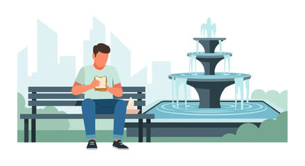 Person Eating Sandwich Beside a Fountain in a Park During a Bright Day