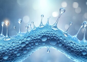 Close-up view of a fluid-like molecular structure with translucent blue bubbles and droplet shapes against a blurry light background evoking a scientific and futuristic emotion