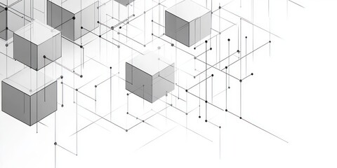 Abstract network of translucent and solid cubes connected by lines and dots forming a complex geometric structure on a white background