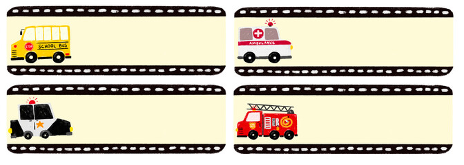 cute blank empty set collections community police fire truck ambulance dump truck cars vehicle design for Name Label birthday gift party sticker pastel crayon doodle watercolor illustration png © doodlyanddeva