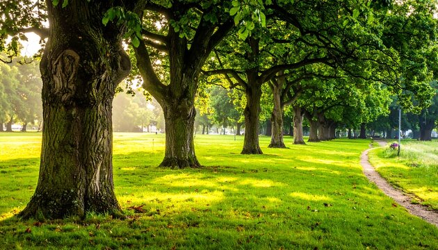 Morning sunlight illuminates park trees along grassy green path
