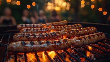 Close-up of sausages grilling over an open flame with glowing embers and warm bokeh lights in the background evoking a cozy outdoor gathering