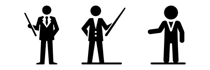 Modern Minimalist Men with Pointer Stick Icon, Flat Silhouette of Office Workers Vector for Presentation Illustration Design