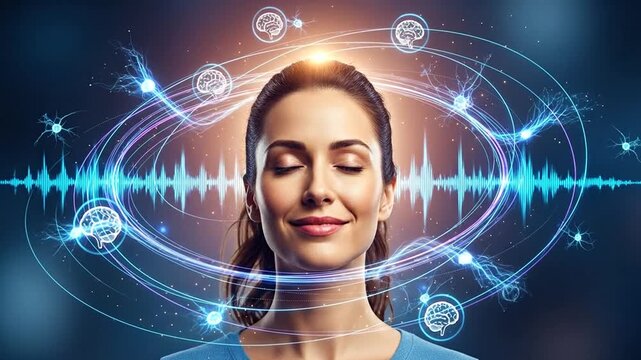 Focused woman in brain training, eyes closed, embracing auditory waves and glowing icons