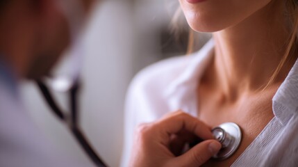 Doctor checking heartbeat of woman with stethoscope in clinic  