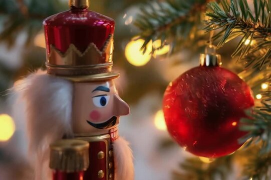 Festive Holiday Scene with Classic Nutcracker and Red Ornament Amidst Glowing Lights and Evergreen Boughs, Capturing the Magic of the Season