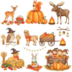 Fototapeta premium Charming autumn harvest scene with cute animals and festive decorations