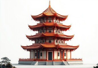 Traditional multi-tiered pagoda with intricate red and white architecture surrounded by minimal natural elements against a bright sky