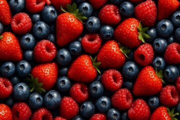 Fresh strawberries, blueberries, and raspberries close-up forming a colorful fruit background with natural lighting and healthy food concept. Ai generative