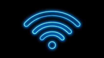 Neon WiFi Symbol on Black Background - A bright blue neon WiFi symbol glows against a stark black backdrop. The symbol clearly displays the traditional curved arcs representing wireless connectivity.