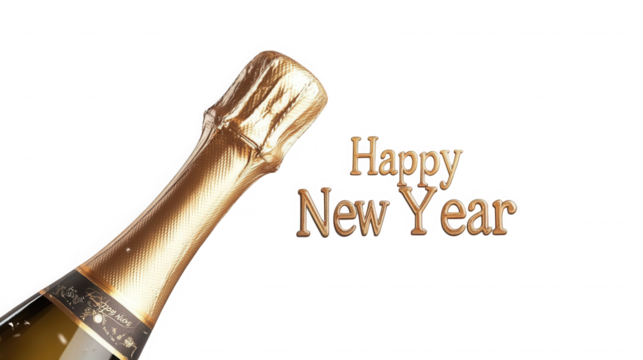 Golden champagne bottle celebrates happy new year on a black festive background on transparent background