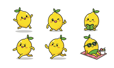 Large Set of Cute Kawaii Lemon Mascots with Various Activities and Expressions