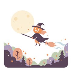 Cute Cartoon Style Pumpkin Head Witch Riding Broom Halloween Illustration