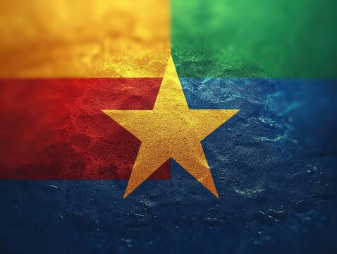 Close-up textured flag with four colored quadrants in yellow, red, green, and blue centered around a large yellow five-point star symbol