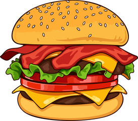 Classic Bacon Cheeseburger Vector – Cartoon Burger with Sesame Bun, Crispy Bacon, Cheddar Cheese, Lettuce, Tomato, and Beef Patty