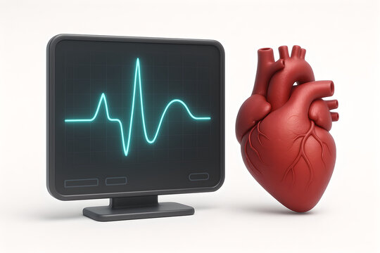 3D medical illustration of hyperkalemia concept for graphic designers, minimalist white background, clean negative space, heart model centered with glowing red potassium ions (K+)