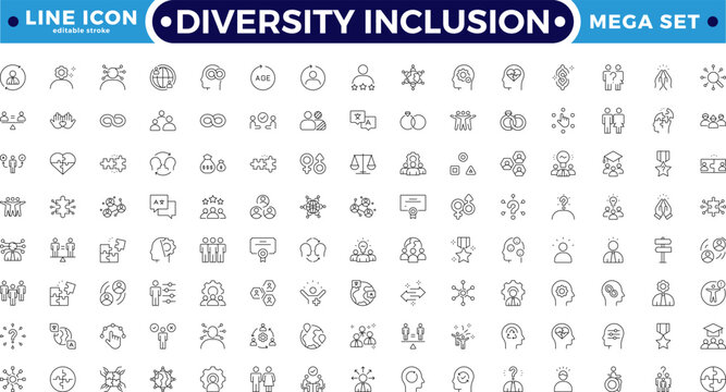 Diversity Inclusion outline icon set. Includes unity, equality, peace, teamwork, friendship, collaboration, justice, social connection, and cultural symbols. Editable stroke outline icon. 
