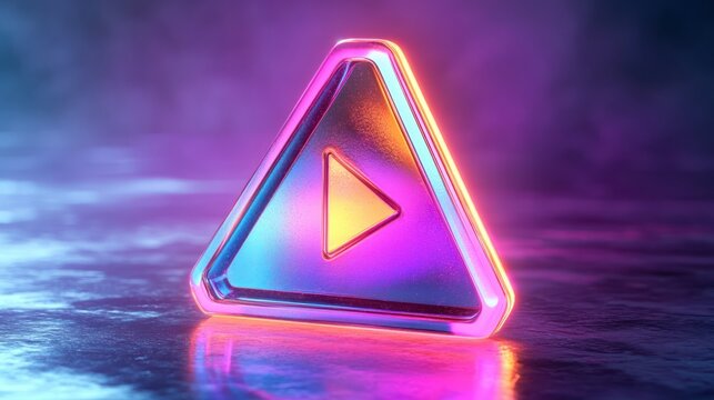 Glowing triangular play button icon with vibrant neon blue, purple, pink, and orange lighting on a reflective surface creating a futuristic atmosphere