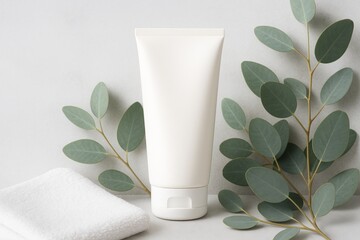 Blank white cosmetic tube mockup standing upright with eucalyptus leaves and towel on light background for skincare branding presentation concept. Ai generative
