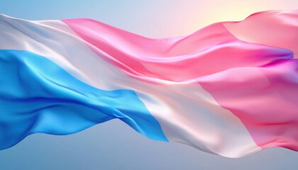 Soft fabric flag with flowing curves featuring blue, white, and pink horizontal stripes against a clear sky, evoking calm and pride