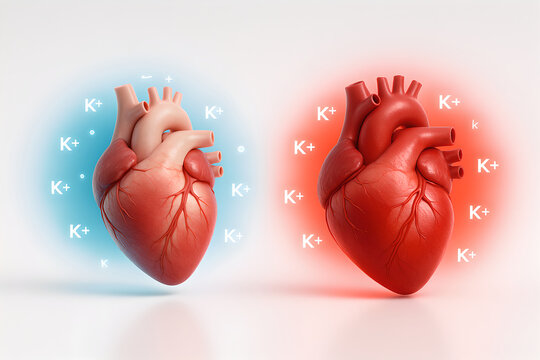 3D medical illustration of hyperkalemia concept for graphic designers, minimalist white background, clean negative space, heart model centered with glowing red potassium ions (K+)