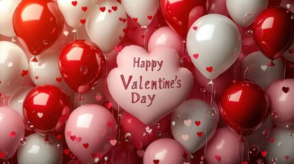 Cluster of red, white, and pink balloons with scattered heart shapes and a central heart-shaped balloon displaying a romantic holiday greeting