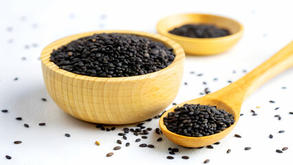 Closeup of black sesame seeds in a wooden bowl and spoon isolated on white background, showcasing their natural texture and culinary use
