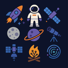 Collection of stylized space icons featuring a rocket, astronaut, satellites, moon, planet, telescope, fire, and cosmic symbol on dark background.