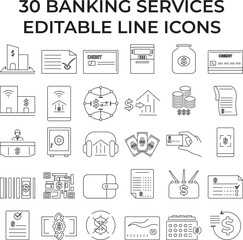 Set of editable stroke banking service line icons showing finance, money, transaction, investment, credit, and online banking concepts, perfect for fintech, business, and financial design projects.