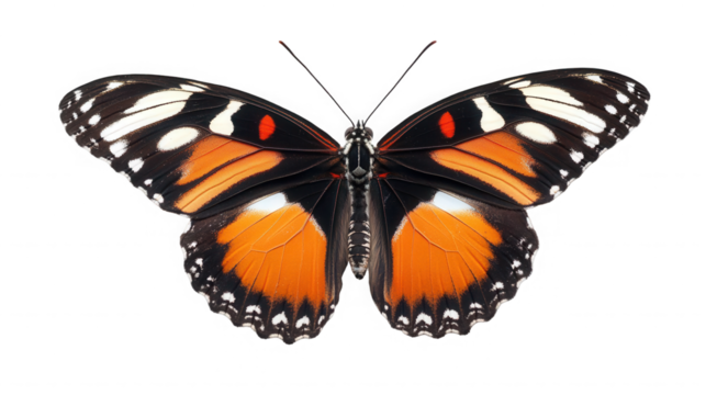 A close up of a monarch butterfly with orange and black wings spread against  on transparent background