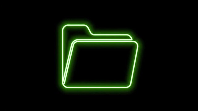 Glowing Neon Folder Icon on Black Background - A bright green neon outline of a file folder is centered against a stark black background.