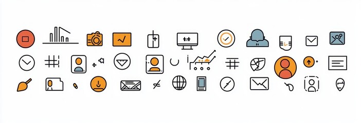 Collection of various data and communication icons including charts, user profiles, email, messages, clock, and navigation elements in minimalistic design and muted color palette