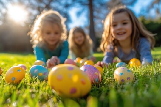 Three smiling children lying on grass surrounded by colorful polka dot Easter eggs in bright sunshine outdoors
