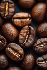 Fototapeta premium Close-up view of roasted coffee beans showing detailed texture and rich brown color conveying warmth and freshness