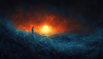 Silhouette of a person standing on a dark, abstract textured surface under a glowing bright orb emitting warm orange and red light with a starry, cosmic atmosphere around