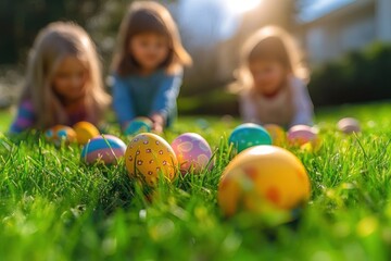 Close-up of colorful decorated Easter eggs scattered on vibrant green grass with three children blurred in the background reaching for them on a sunny day