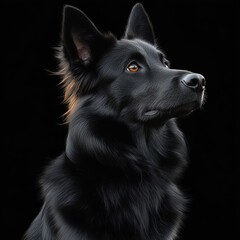 Majestic black dog with glossy fur gazing upwards against a dark background displaying alertness and elegance