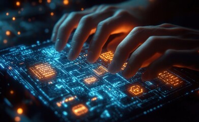 Hands interacting with a glowing futuristic digital circuit board interface emitting blue and orange lights in a dark environment