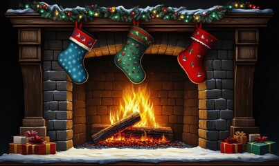 Cozy Christmas fireplace with burning fire, three colorful holiday stockings hanging, snowy mantel decorated with festive garland and lights, surrounded by wrapped gifts
