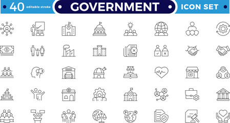 Government outline icon set. Includes governance, charity, justice, inclusion, diversity, and advocacy symbols. Modern outline icons for social policy, human rights.  Editable stroke outline icon. 