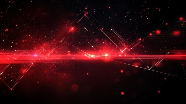 abstract digital background with glowing red light beams, geometric lines, and small scattered particles creating a futuristic and dynamic atmosphere