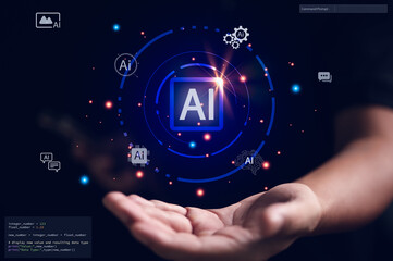 Developer interacts with an AI development platform for machine learning. The UI displays Python code, a neural network icon, and generative AI tools, symbolizing the future of programming.