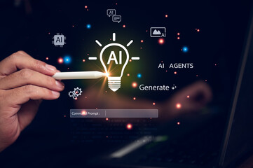 Designer using a stylus with a generative AI tool to create innovative ideas. The futuristic UI has a command prompt for generating images and text, symbolizing technology in creative work.