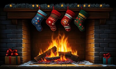 Cozy fireplace with burning logs, four colorful Christmas stockings hanging from the mantel decorated with pine garland and lights, surrounded by wrapped gifts, evoking warmth and holiday cheer