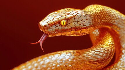 Fototapeta premium Close-up of a golden snake with detailed scales, bright yellow eye, and forked tongue flicking out against a dark reddish background
