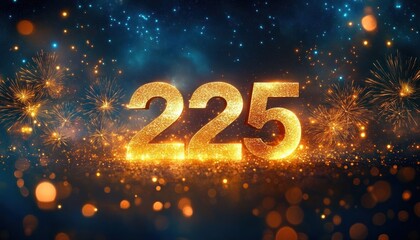 Bright golden number 225 glowing amid sparkling golden particles and celebratory fireworks on a dark blue background creating a festive and joyous atmosphere